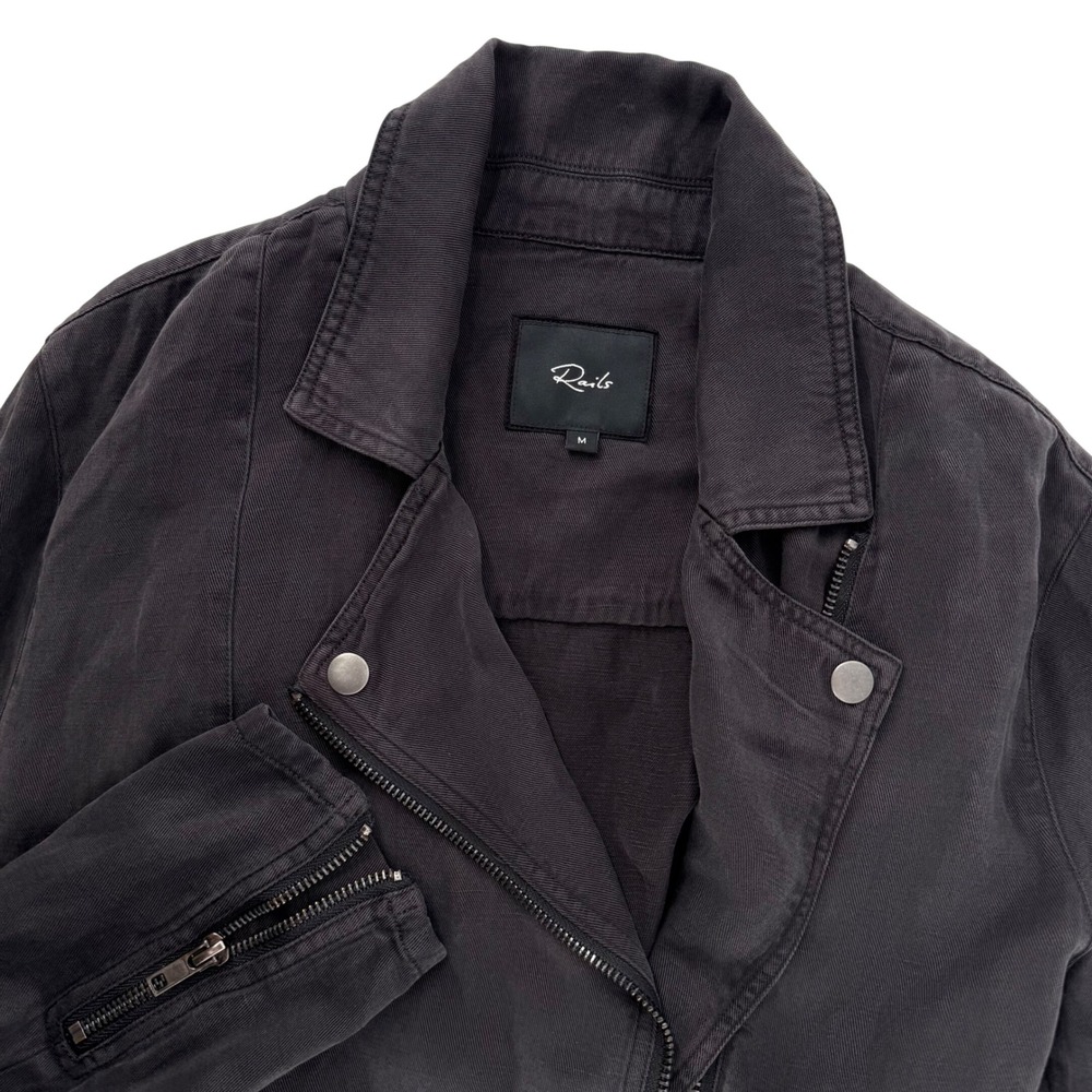 Rails Moto Jacket Sz Medium Coal Black‎ Zippered Pockets Linen Blend Zip Cuffs